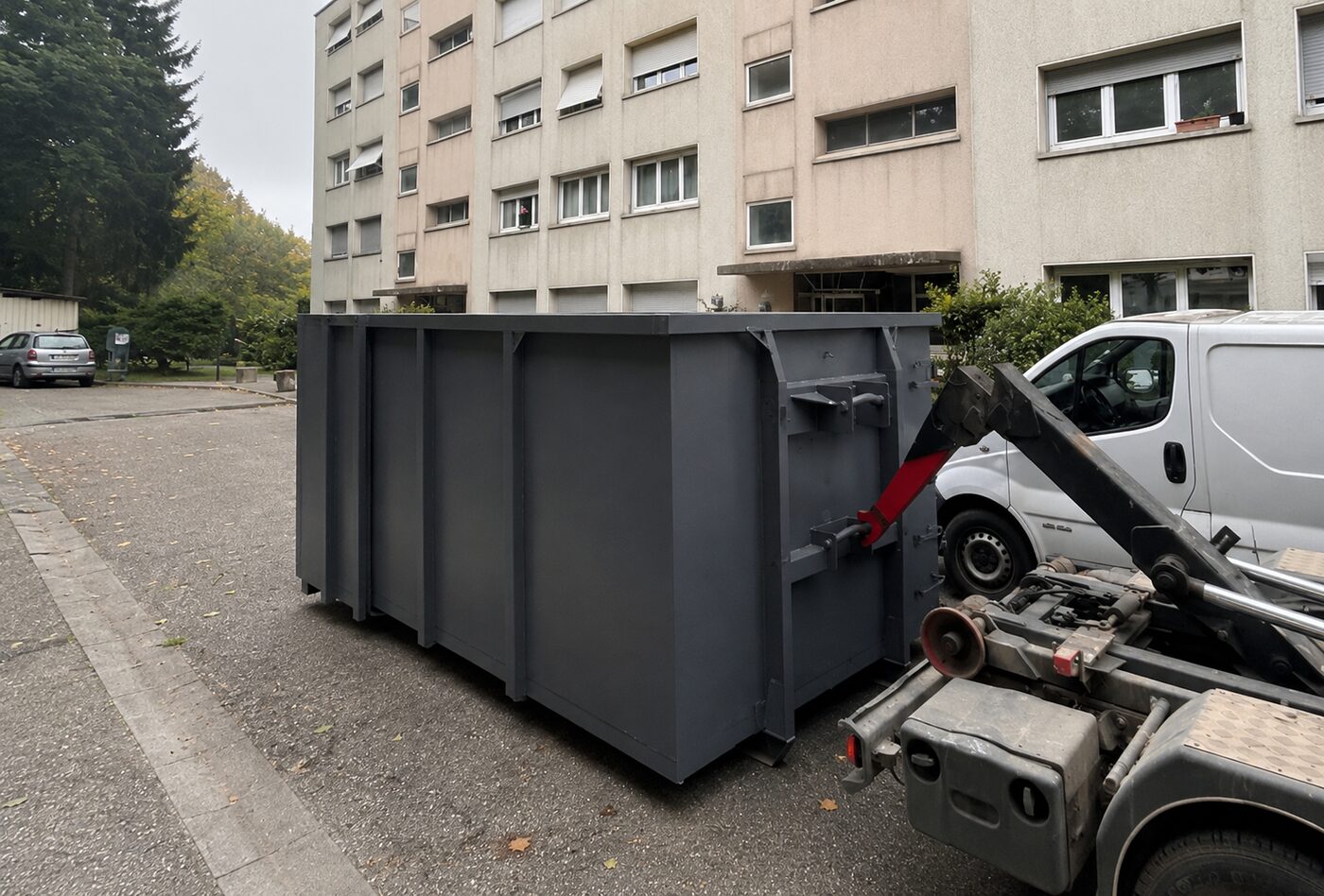 Camion ampliroll MOL Bennes posant une benne à Molsheim