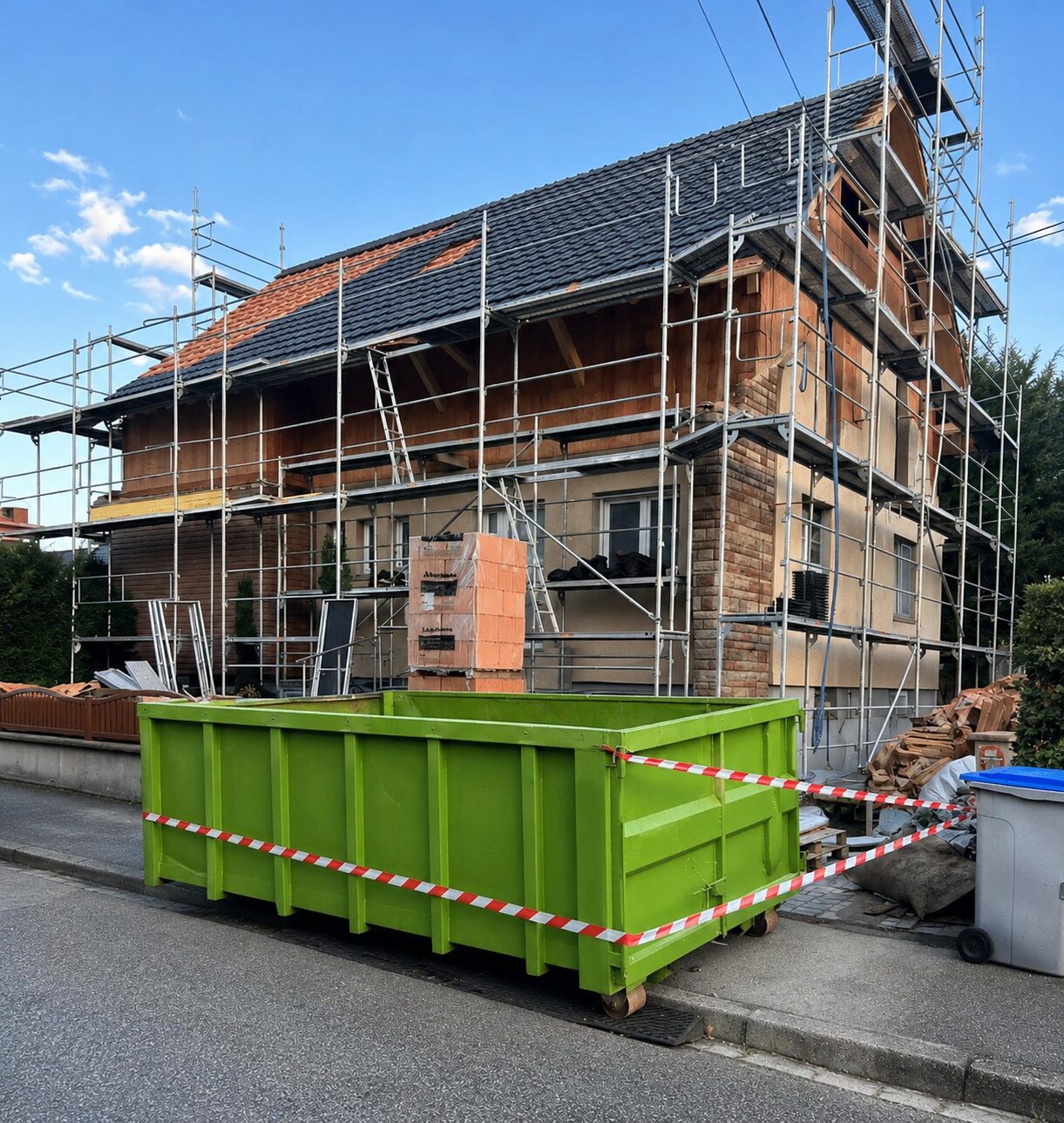 Benne verte devant une maison en rénovation dans le secteur de Molsheim