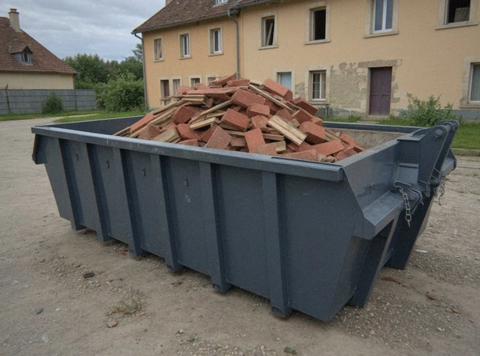 Benne anthracite remplie de briques et de gravats devant une maison en rénovation, location de benne MOL Bennes à Molsheim
